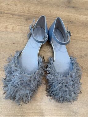Girls' Gray Feathered Mary Jane Flats with Ankle Strap